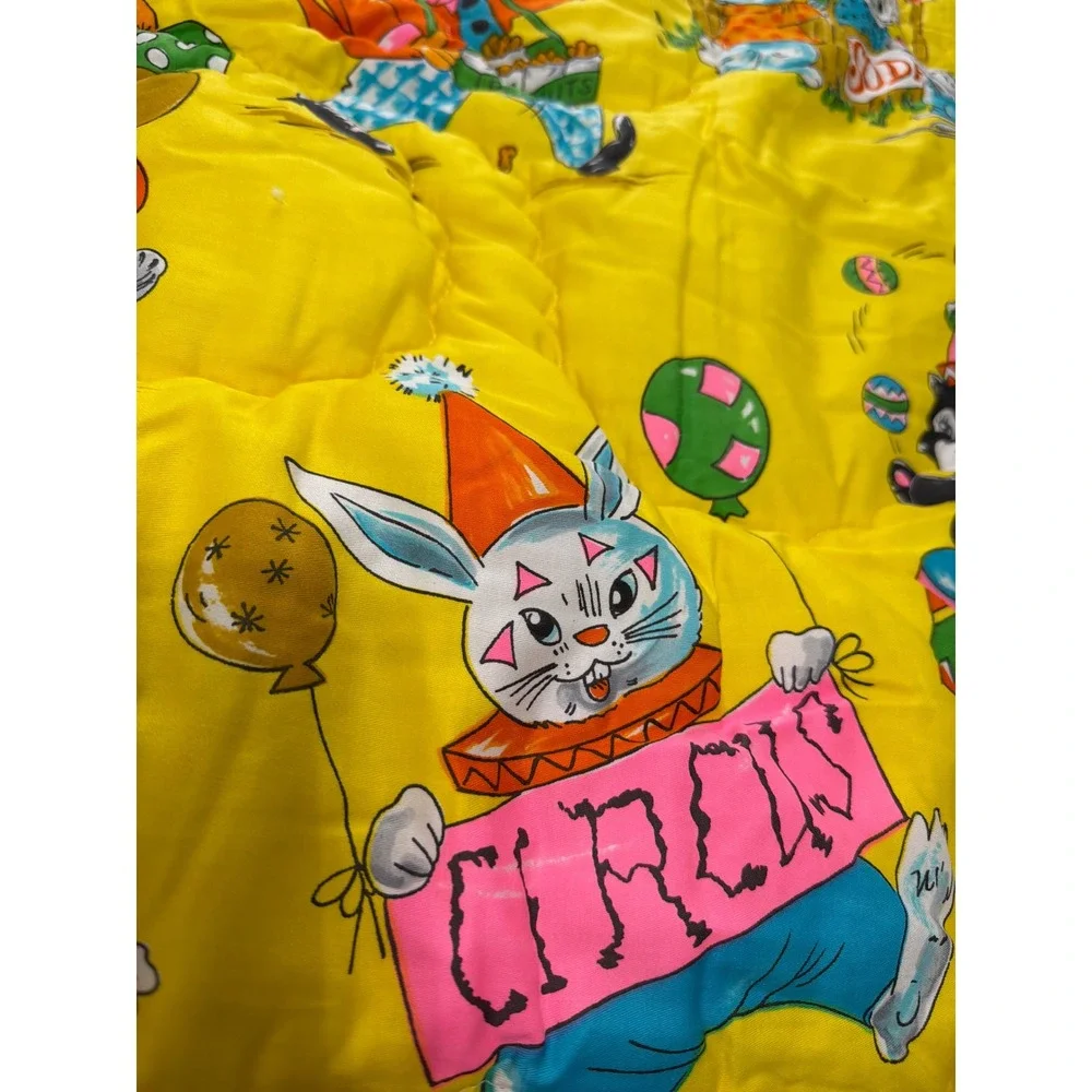 Vintage 70s Circus Quilt CribYellow Retro Carnival Animal Print 41x55 Kitsch